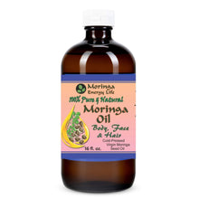 Load image into Gallery viewer, Moringa Seed Oil 100% Pure, Cold-Pressed 16 oz Glass Bottle Food Grade edible. Get a free Moringa gift with every purchase!
