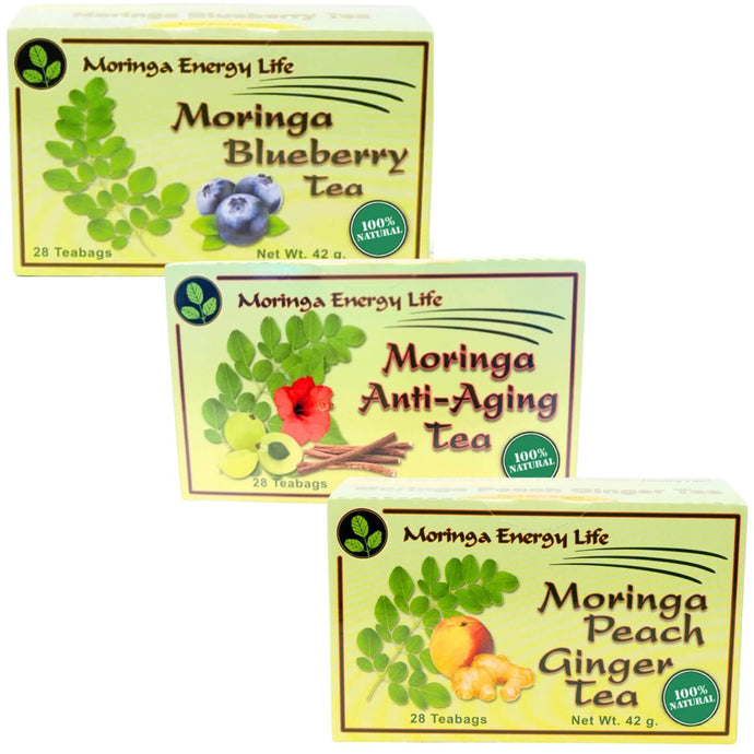 Moringa Tea Bundle: Blueberry Tea, Anti - Aging Tea & Peach Ginger Tea - 84 Tea bags - Moringa Energy Life